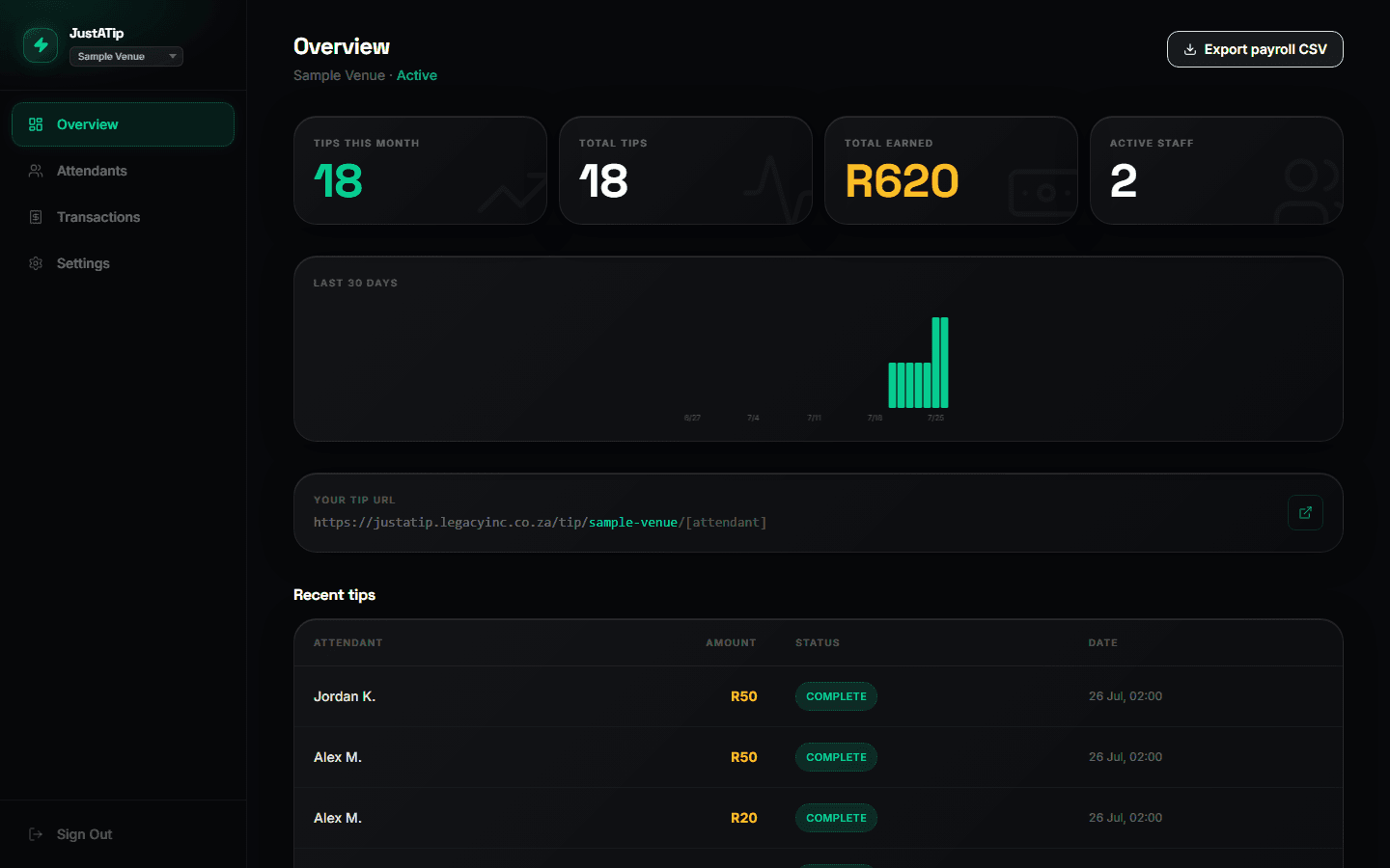 JustATip — Venue owner — real-time dashboard